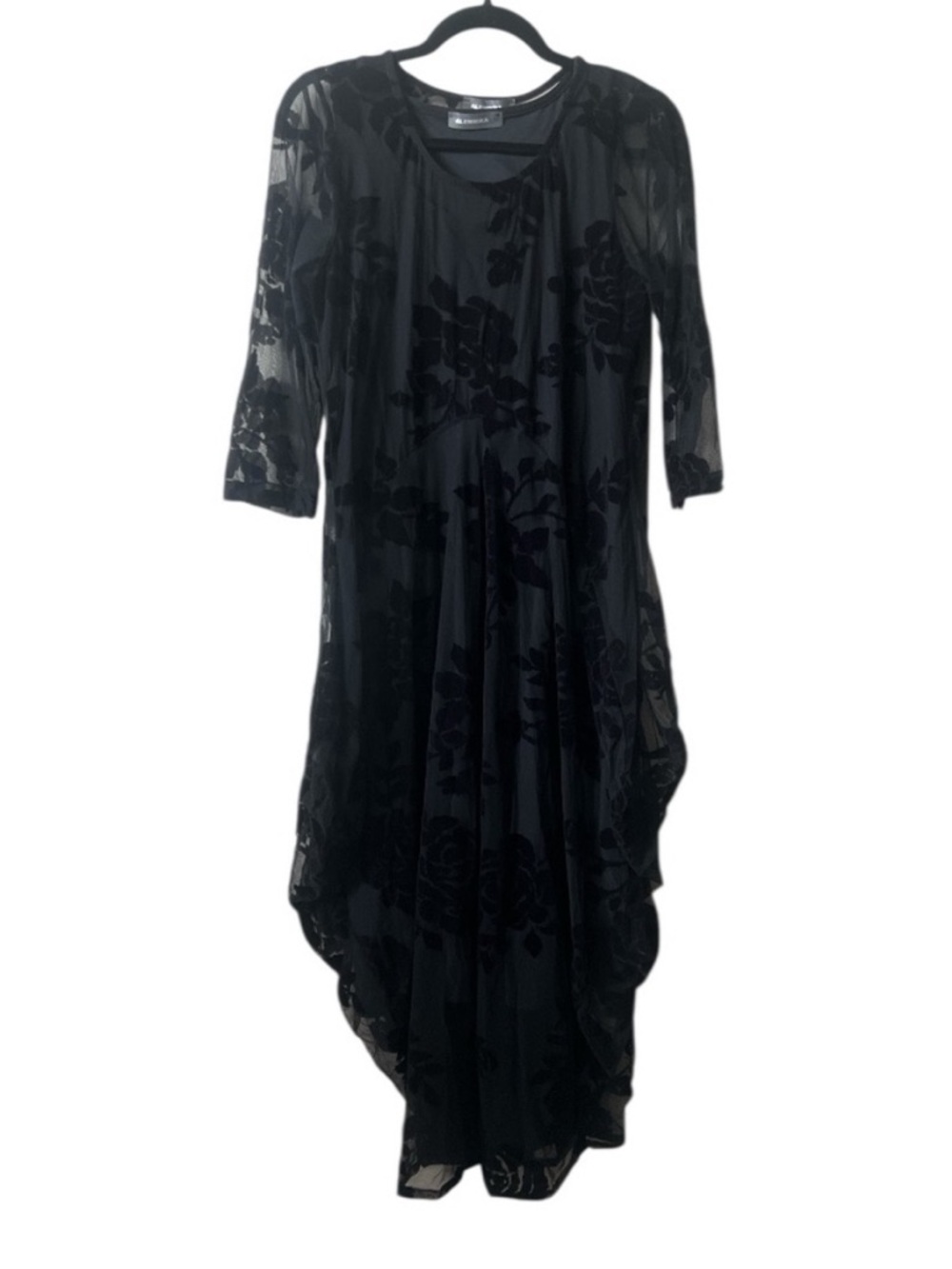 Alembika ED664L Black Burnout Lace Midi Dress Size 6 | US 16-18 Lagenlook NWT